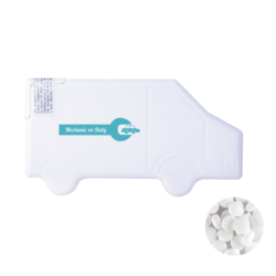 Vrachtwagen mintdispenser met ca. 8 gr. mintjes en ingredienten label. TAMPONDRUK