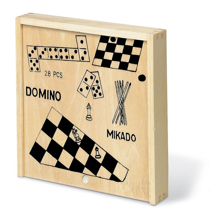 TRIKES 4 Spelletjes Domino, Schaken, Dammen, Mikado in houten doos degroeneartikelenshop